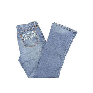 Kikit Jeans Flared Blue Denim Embroidered Pockets Pants Women's Size 12